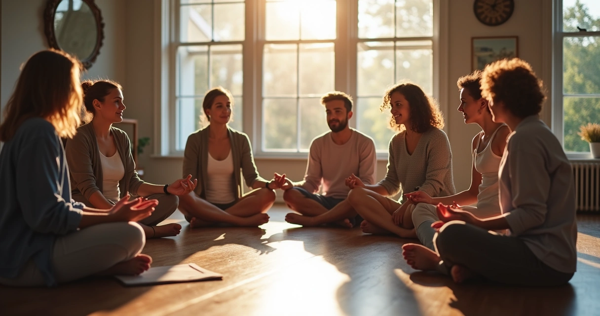 People sitting in a circle, making eye contact, showing connection 