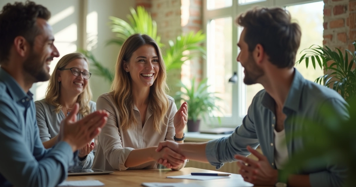 Manager and team exchanging positive feedback in office