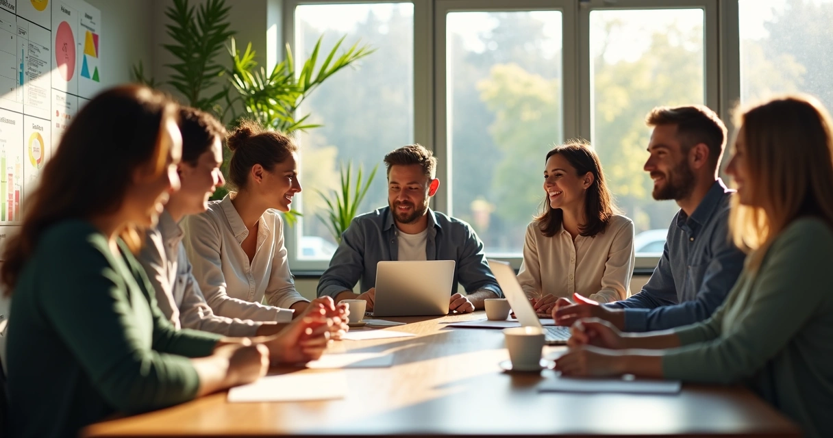 Team of people collaborating in a bright meeting room 