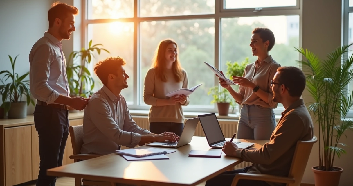 Small team sharing a calm check-in in a bright office