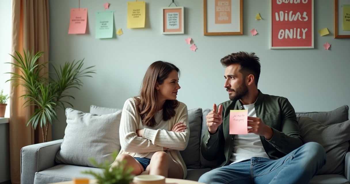 Casal sentado no sofá com distância emocional e frases motivacionais ao fundo 