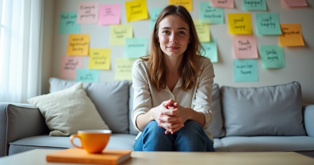 Pessoa cercada por frases positivas sorrindo por fora e exausta por dentro 