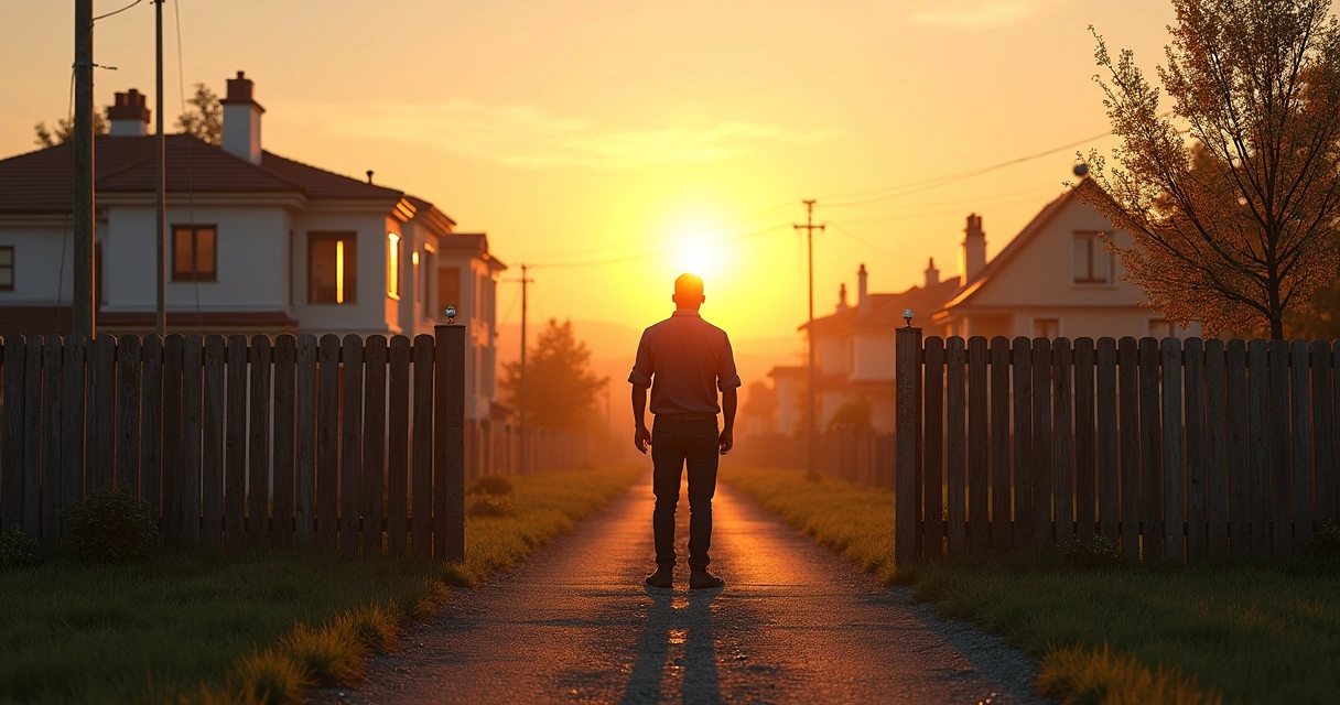 Pessoa observando terreno urbano cercado, vegetação ao fundo, céu azul ao entardecer 