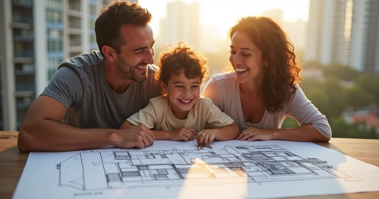 Família olhando planta de imóvel em ambiente urbano, simbolizando conquista da escritura 