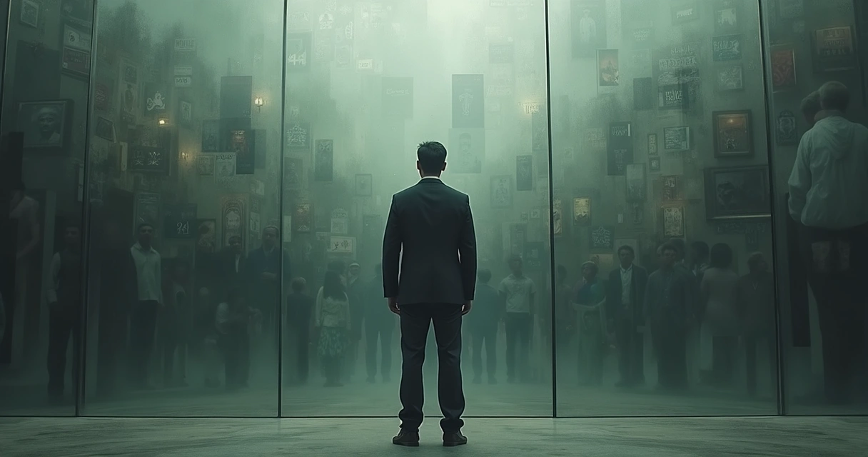 Homem refletindo diante de um espelho, com imagens de pessoas e símbolos sociais sobrepostos no vidro 