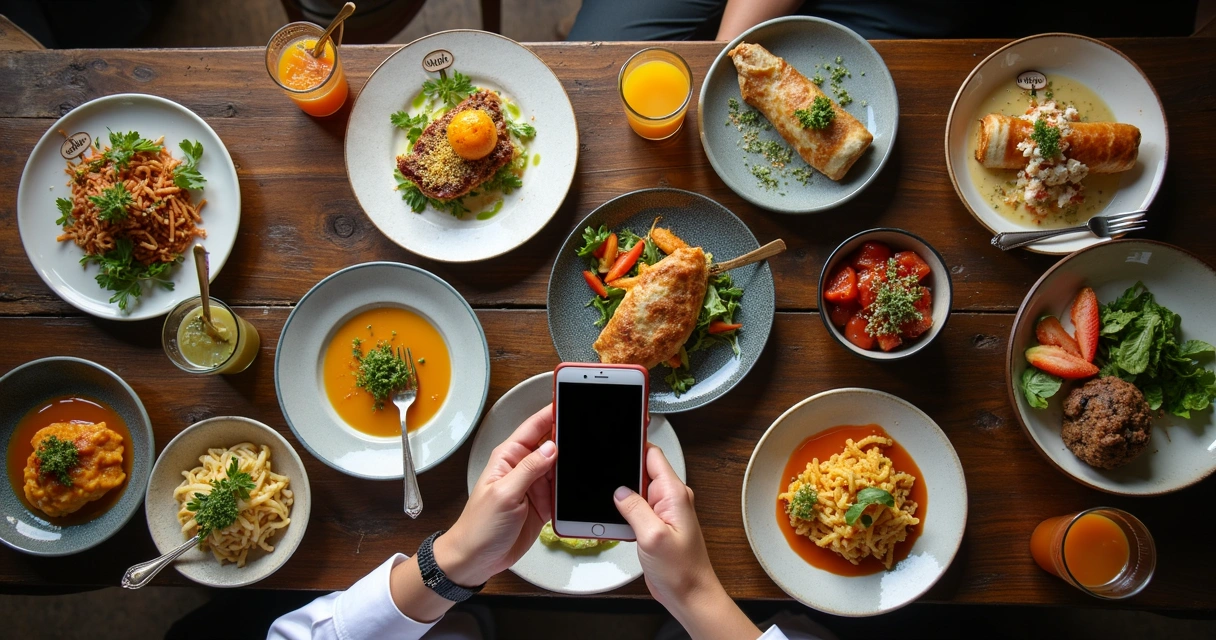Mesa de restaurante com pratos fotografados prontos para postagem no Instagram 