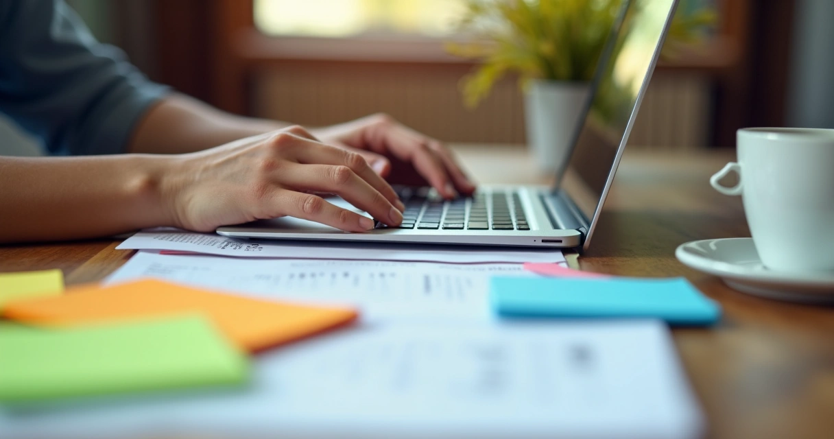 Pessoa digitando em computador com anotações ao lado