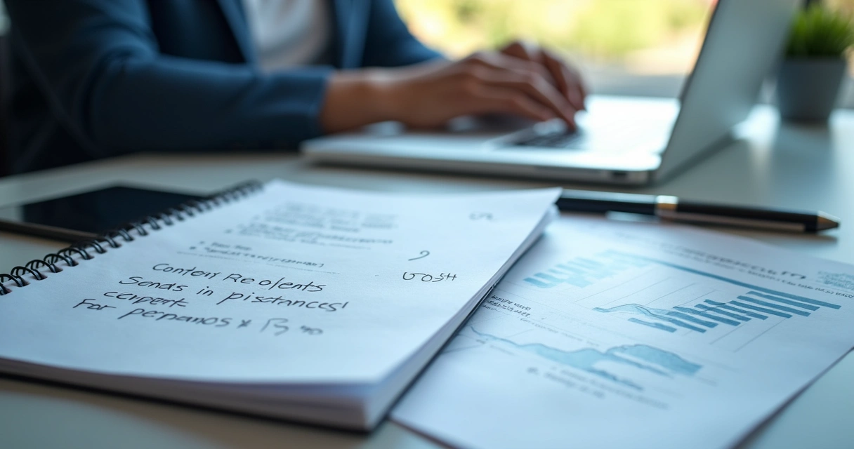 Mesa de trabalho com caderno, laptop, celular mostrando LinkedIn e anotações sobre conteúdo 