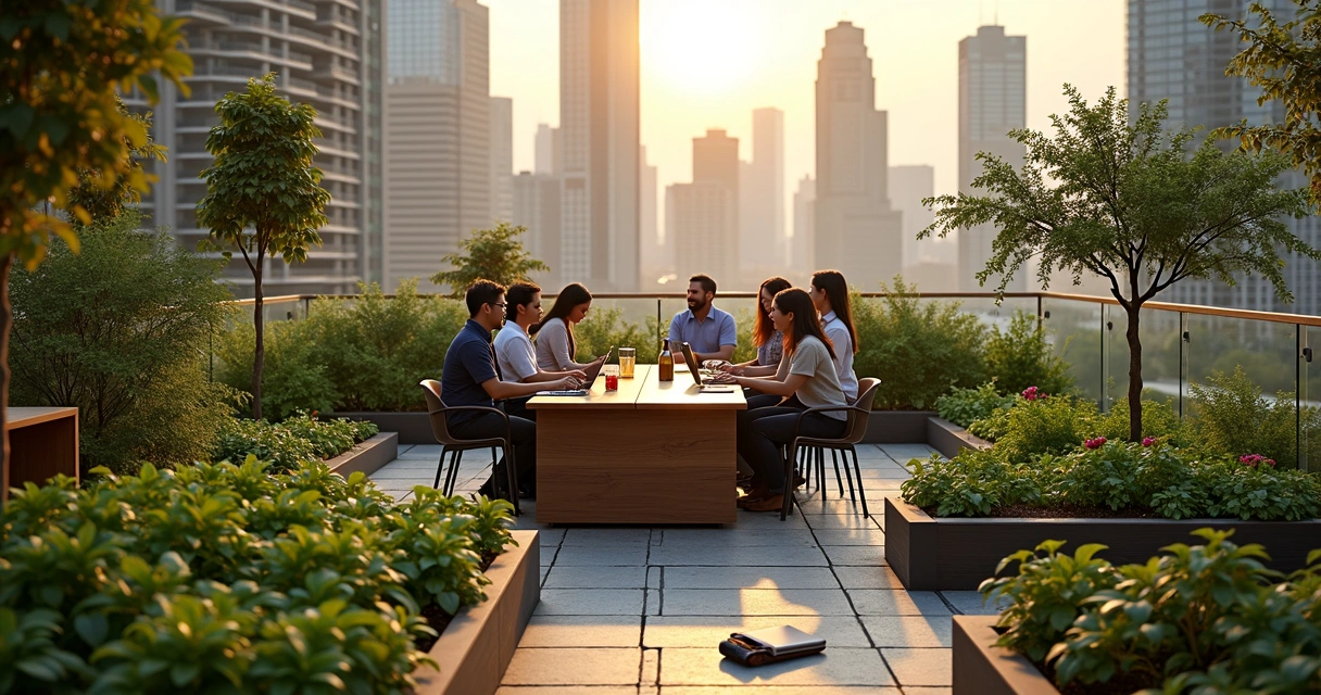 Rooftop greenhouse meeting blending city business and thriving garden 