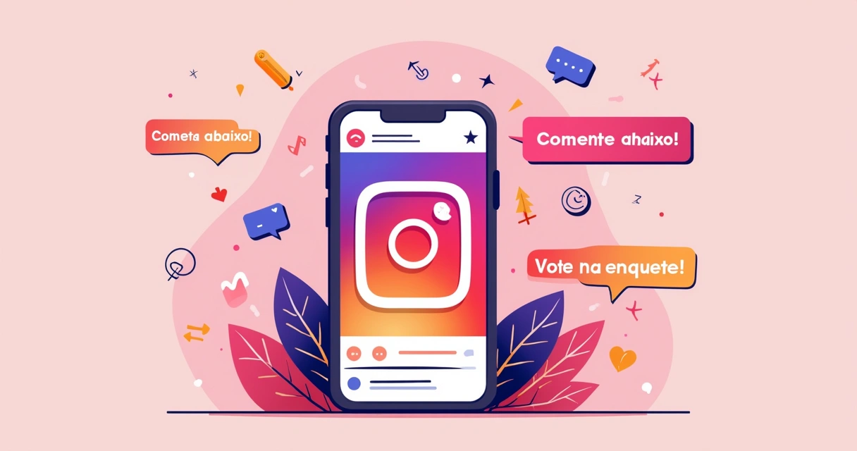 Ilustração de um post vibrante do Instagram com chamadas para ação como Comente abaixo! e ícones de interação.