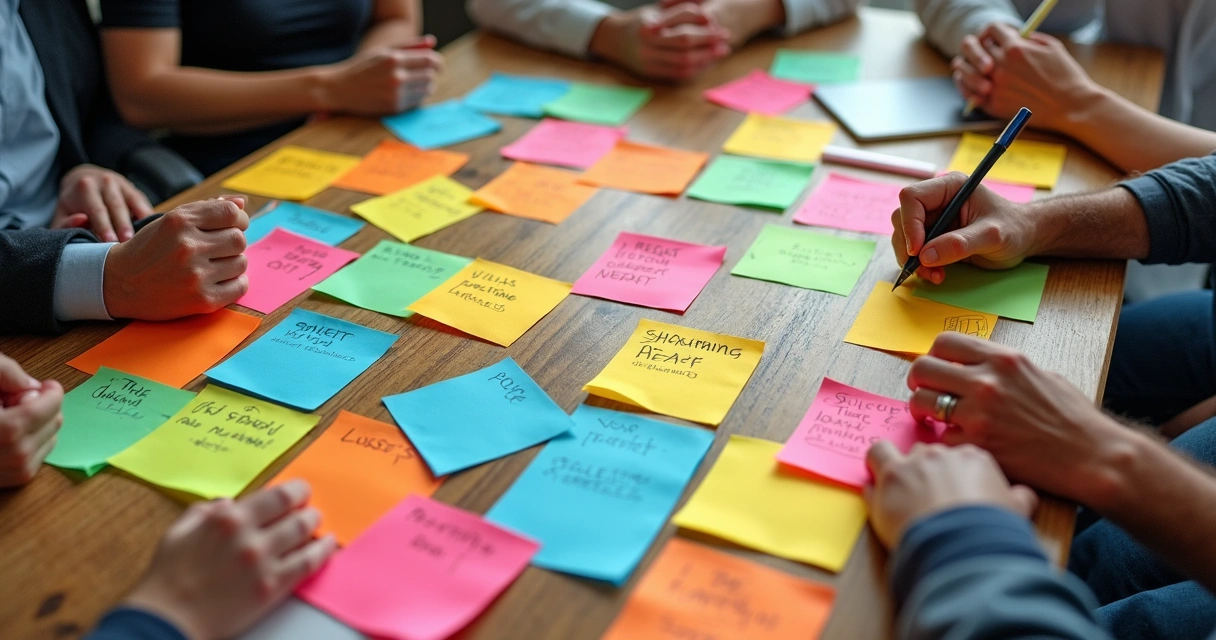 Brainstorm com post-its coloridos sobre conteúdo de LinkedIn 