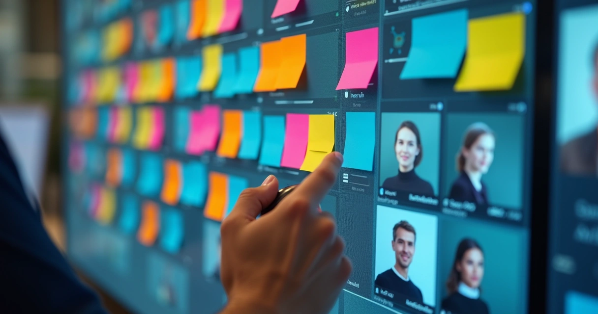 Quadro digital com post-its coloridos e mão movimentando um deles 
