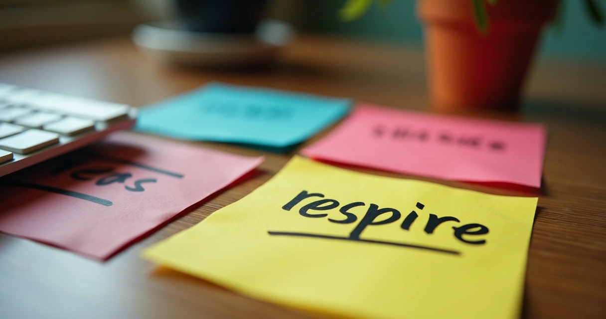 Mesa de trabalho com post-its coloridos e mensagens curtas.