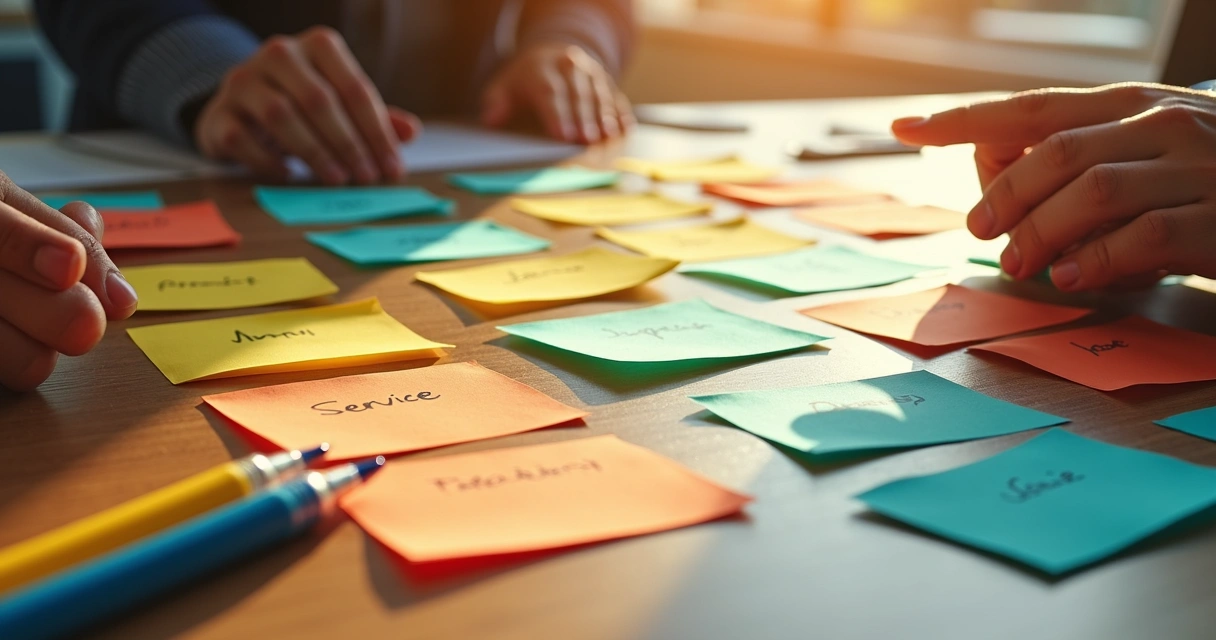 Mesa de escritório com post-its organizados por temas representando categorização de feedbacks 