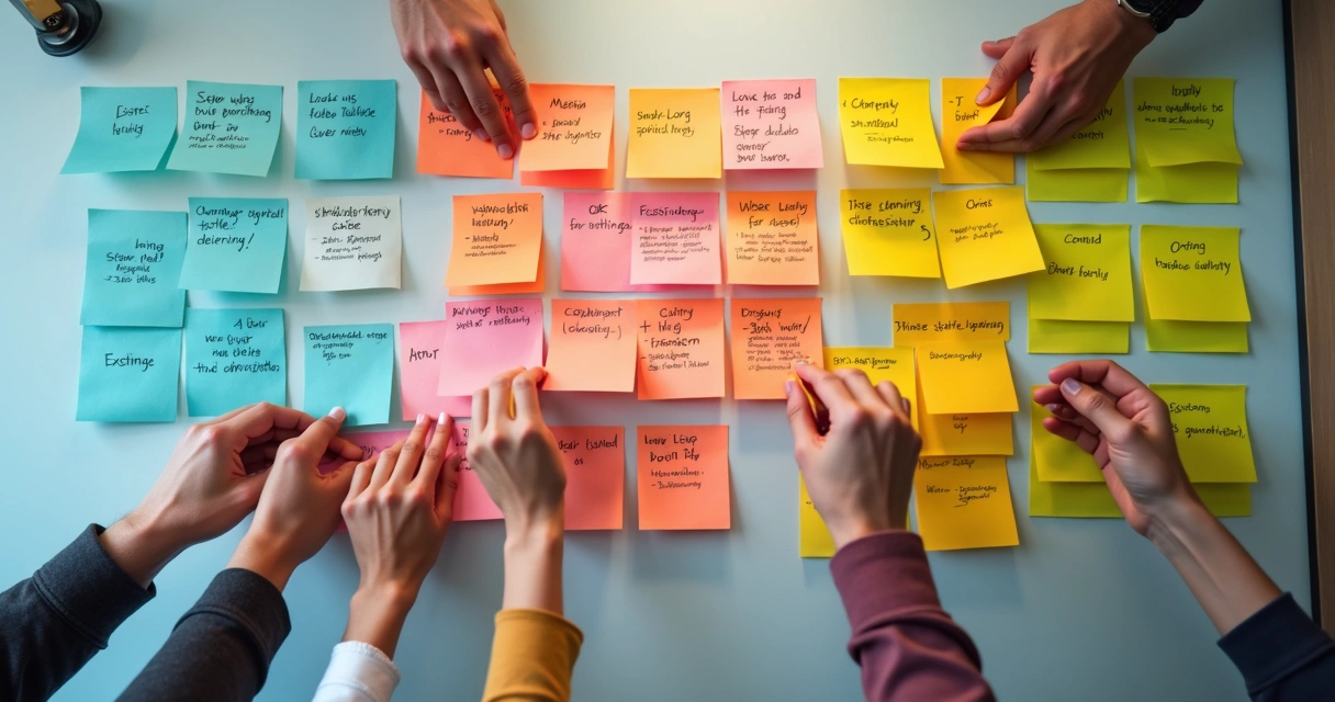 Post-its coloridos com temas e objetivos em mural de planejamento 