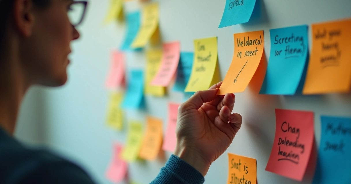 Post-its com pensamentos em parede de trabalho