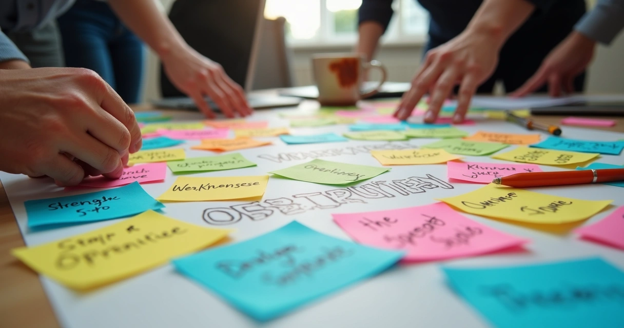 Post-its de SWOT misturados sobre a mesa. 