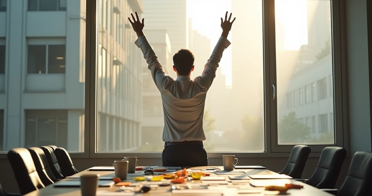 Person stretching and breathing by a window after a meeting