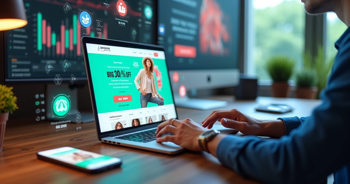 Empreendedora criando post de promoção em notebook cercada por ícones de redes sociais e descontos 