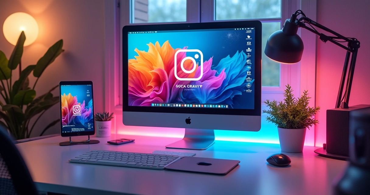 Post de promoção colorido com elementos de tecnologia e arte 