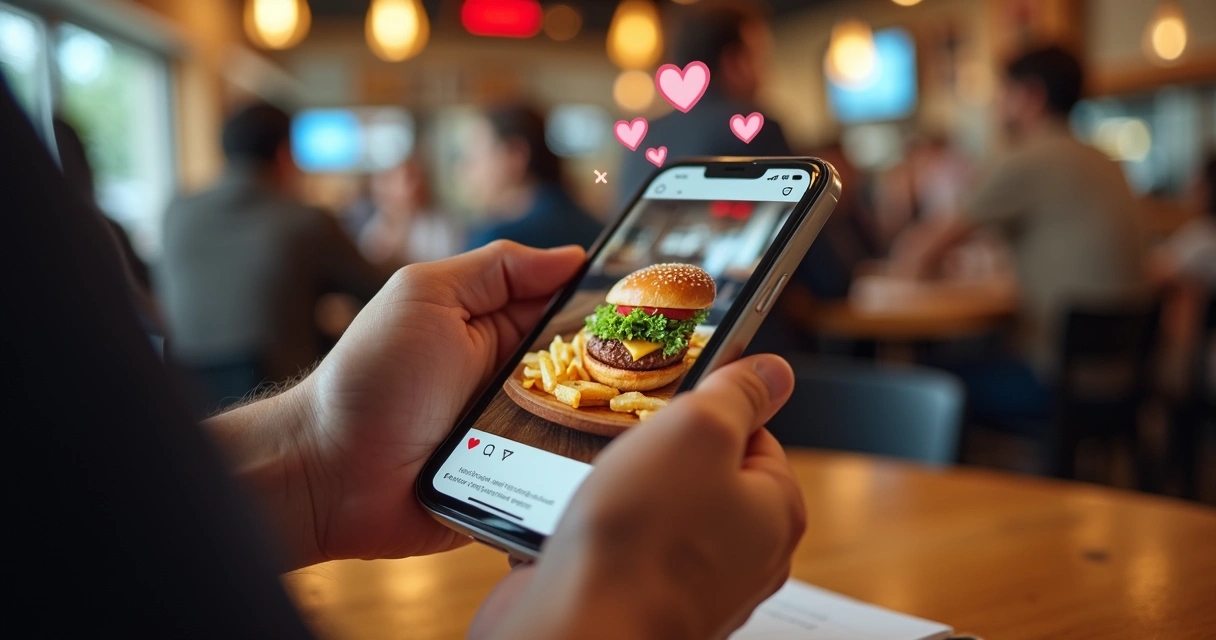 Burgers and fries on an Instagram post with engagement icons 