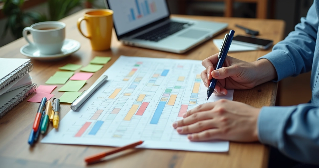 Person planning a weekly content schedule on paper with colored pens