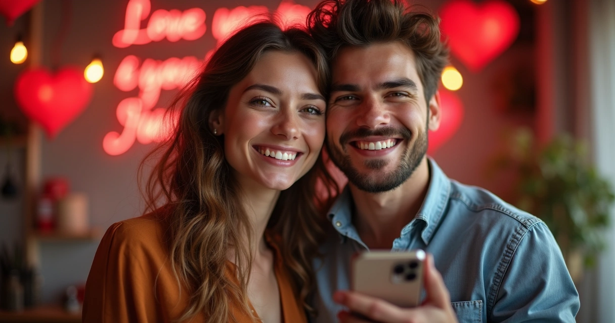 Publicação de Dia dos Namorados com casal jovem sorrindo em fundo decorado 