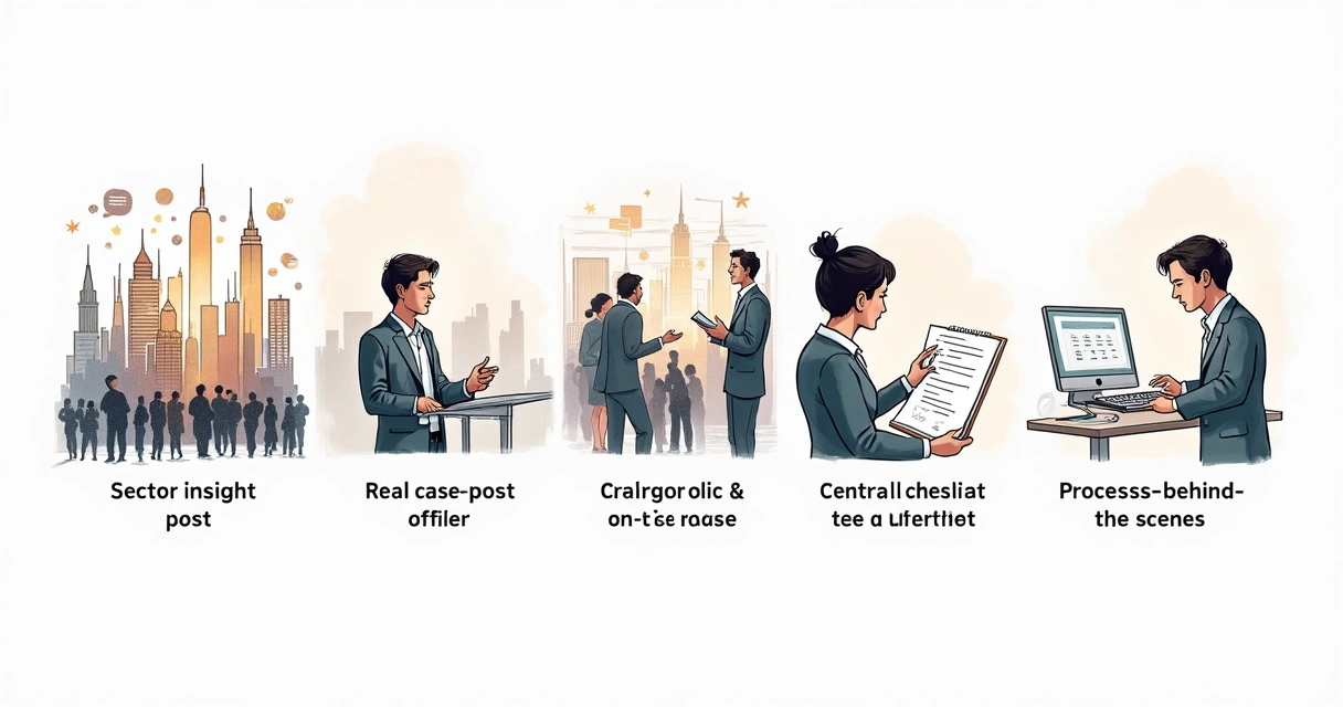 Cinco quadros lado a lado representando diferentes tipos de posts para LinkedIn, com ilustrações de gráfico de setor, pessoas discutindo case, divergência de opinião, checklists e bastidores em segundo plano. 