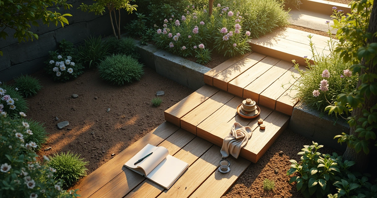 Wooden steps leading through a luminous garden viewed from above 