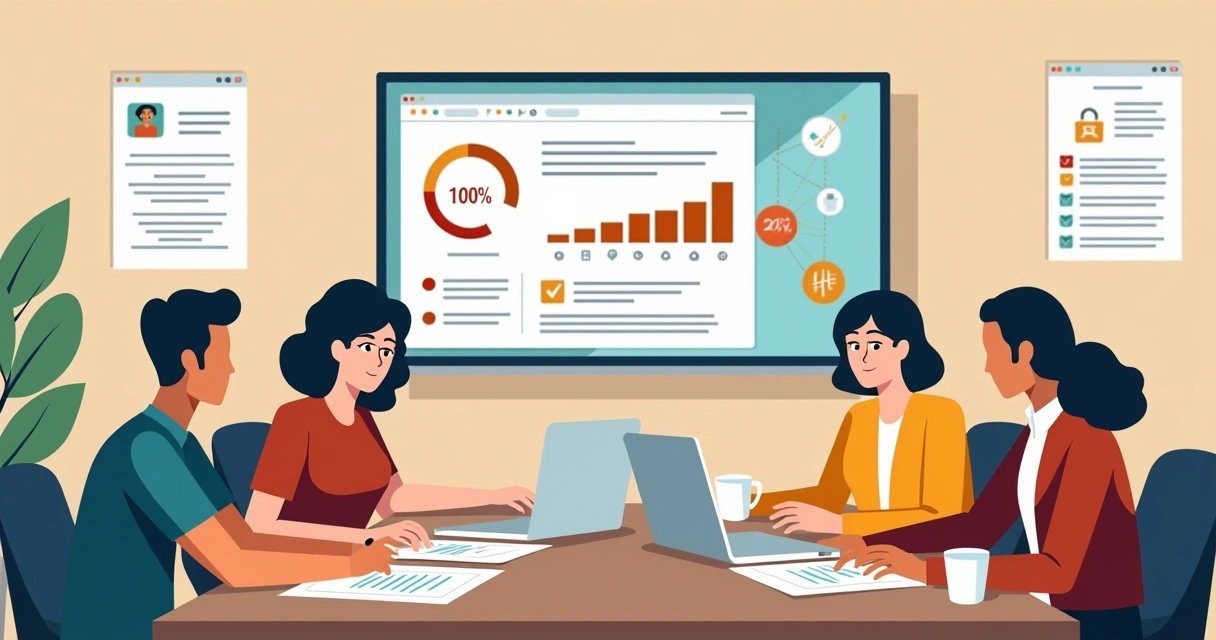 Reunião de equipe analisando resultados de uma atualização de software em escritório moderno 
