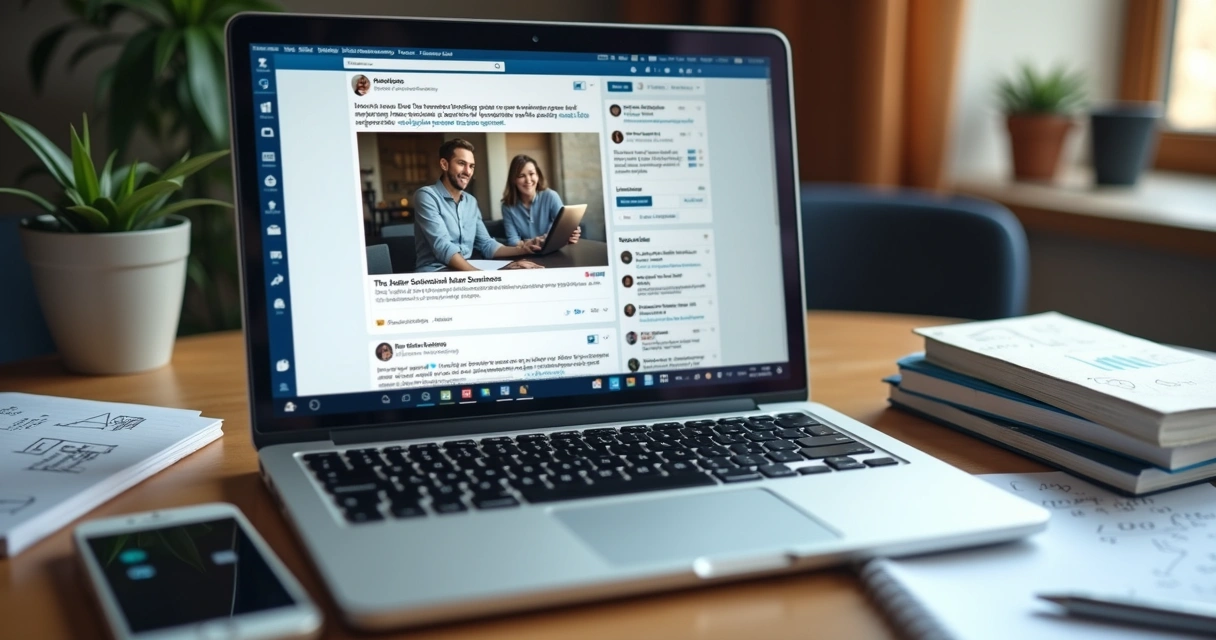 Exemplo de post autoral no LinkedIn em tela de notebook 