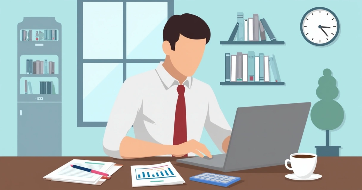 Profissional de contabilidade digitando artigo em notebook, papéis e calculadora ao lado 