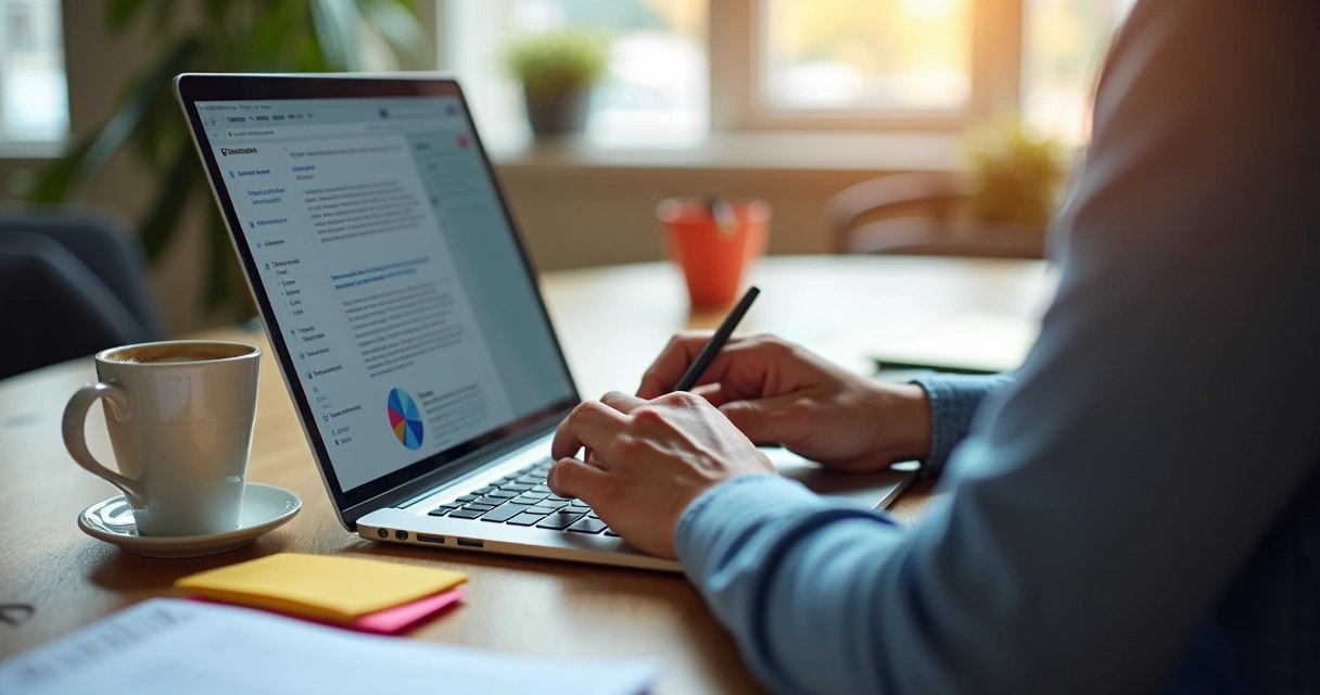 Profissional digitando artigo de blog em notebook 