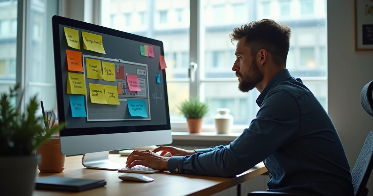 Homem sentado na frente do computador, expressão de dúvida, olhando para uma tela com perguntas e respostas sobres vendas e marketing 