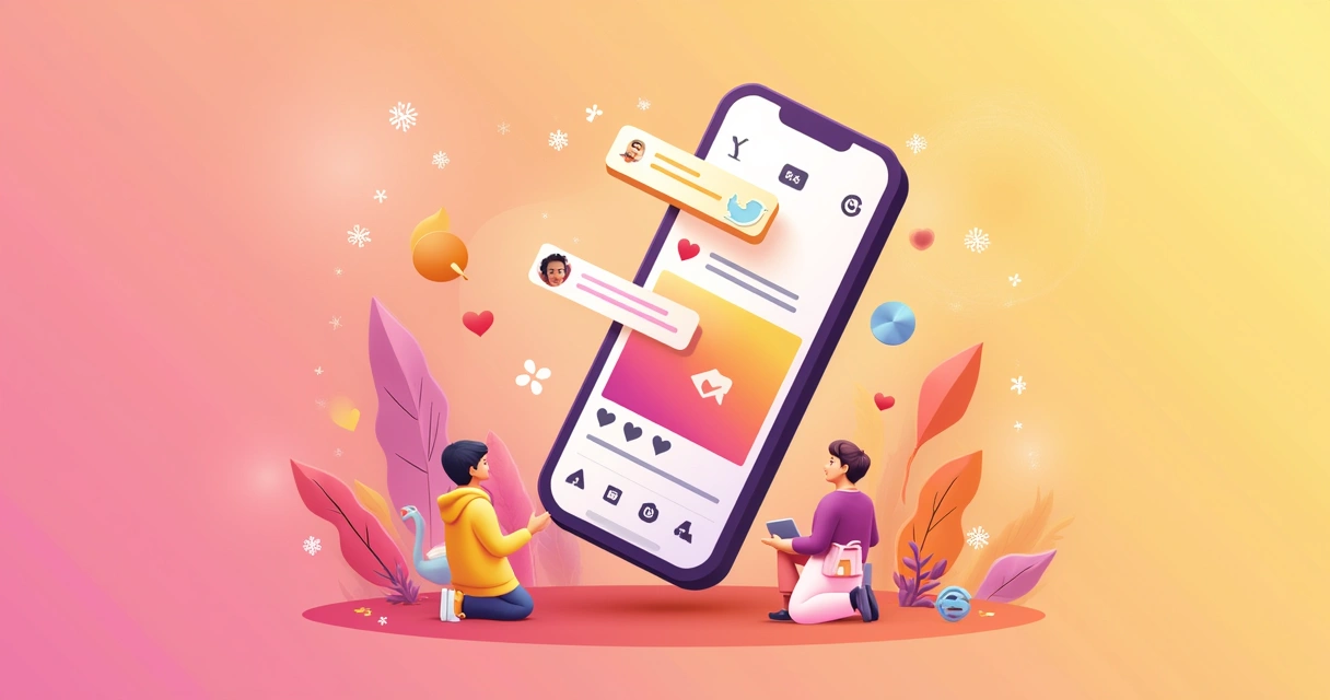 Postagem vibrante no Instagram em um smartphone com ícones de engajamento como corações e comentários.