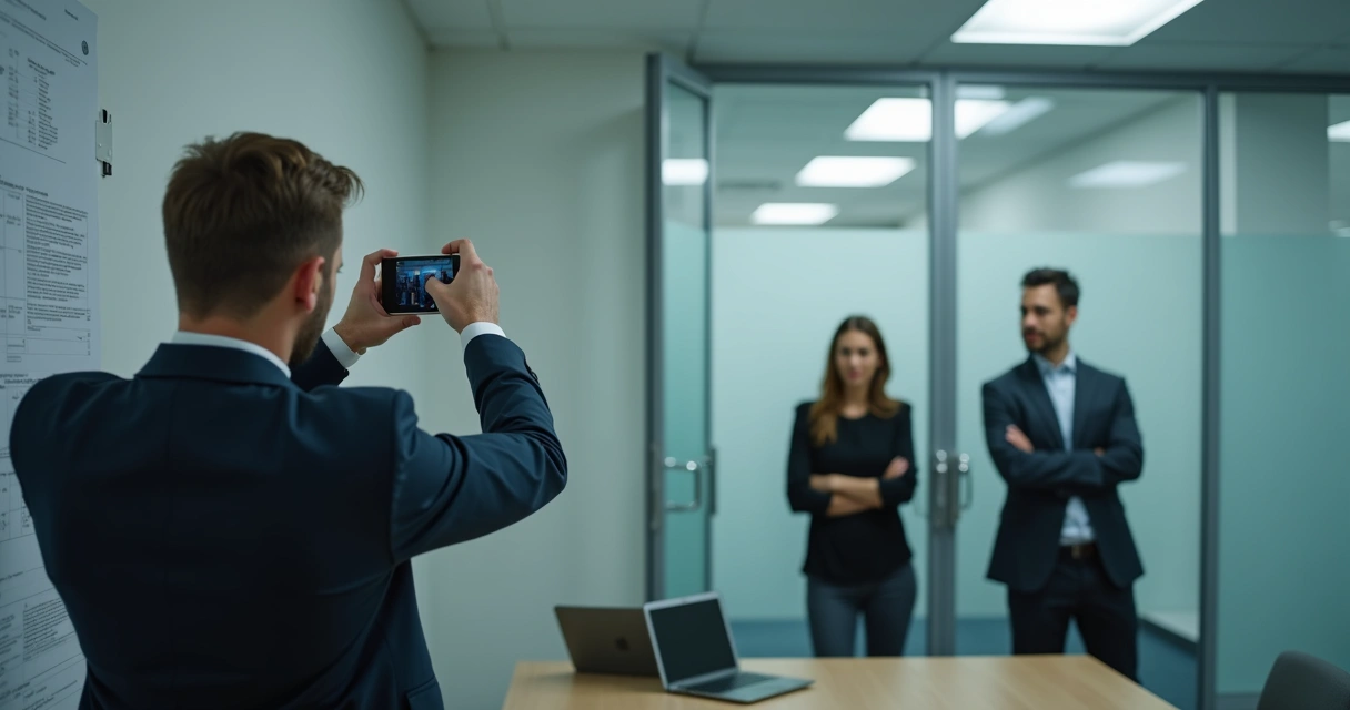 Funcionário usando celular para postar sobre empresa em ambiente de trabalho 