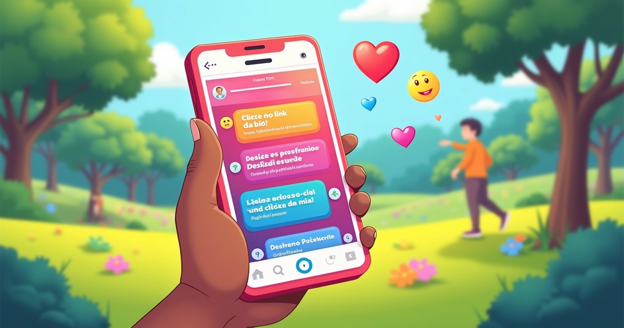 Postagem de Instagram vibrante em um smartphone com CTAs coloridas e fundo de parque.