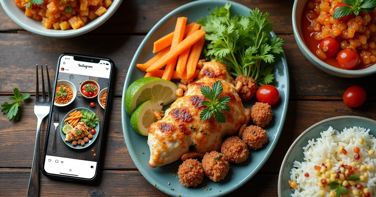 Prato de comida fotografado de cima para baixo em uma mesa, bem iluminado, para post de rede social 