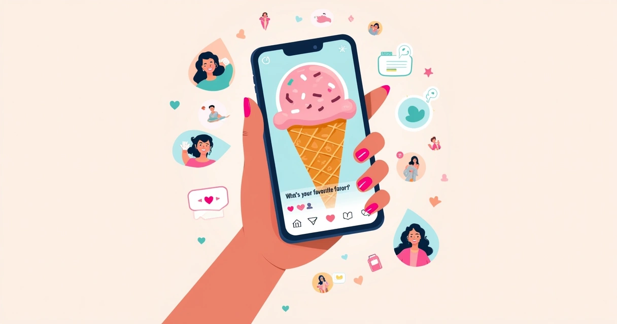 Ilustração de uma postagem vibrante do Instagram em um celular, com uma pergunta sobre sabores de sorvete.