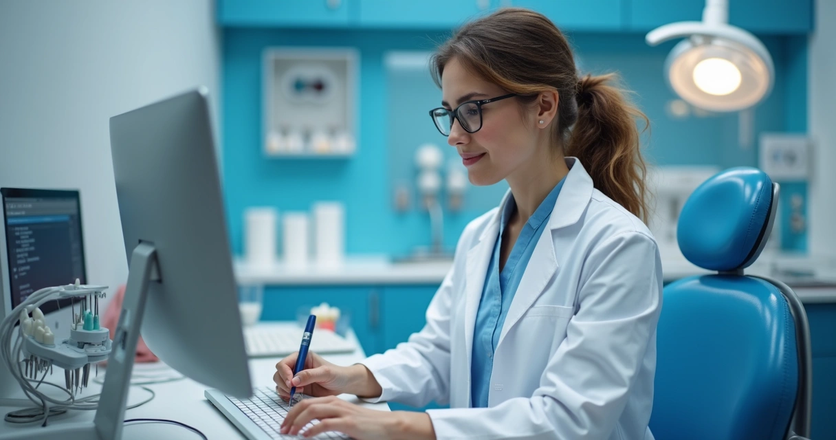 Dentista produzindo conteúdo digital em um consultório moderno 