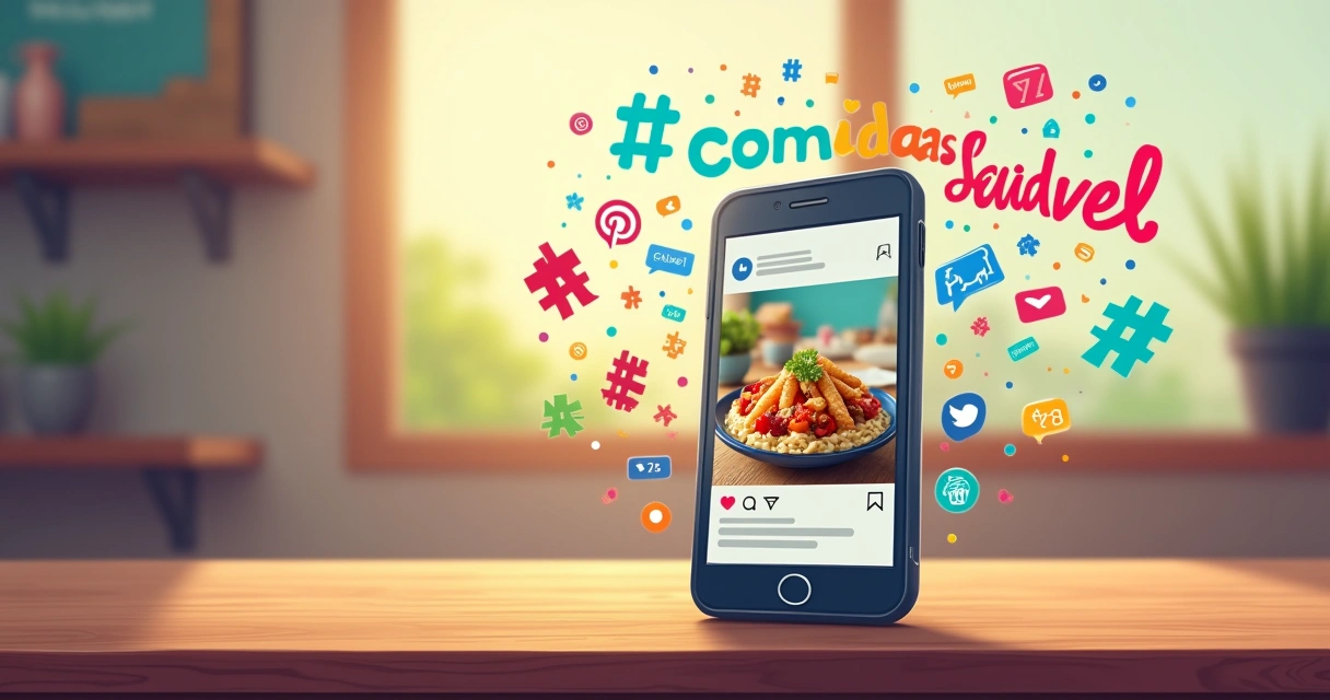 Postagem de redes sociais com smartphone, hashtags vibrantes e ícones de interação.