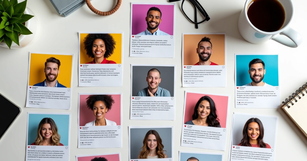 Coleção de posts coloridos mostrando histórias de clientes