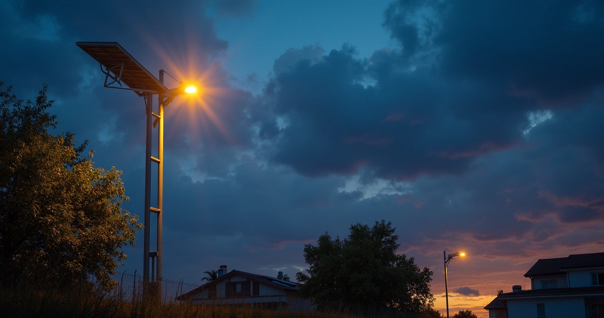 Poste de iluminação com painel solar fotovoltaico e luminária LED em ambiente urbano ao entardecer 