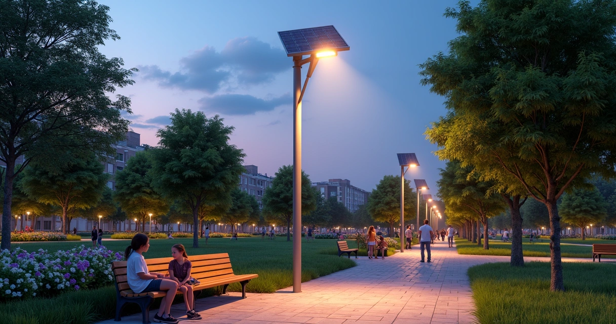 Poste solar com painel em praça com Jardim e pessoas caminhando 