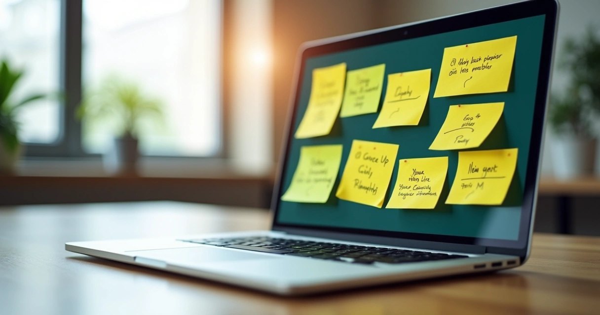 Post-it amarelo preso na tela de um notebook com anotações de tarefas. 