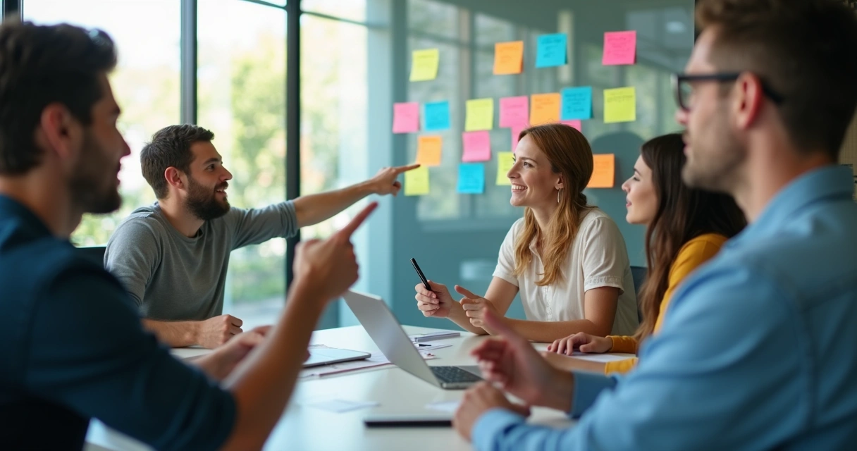 Sala de reunião com post-its coloridos em vidro e equipe discutindo processos 