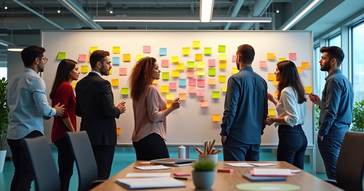 Equipe colando post-its coloridos em quadro branco 