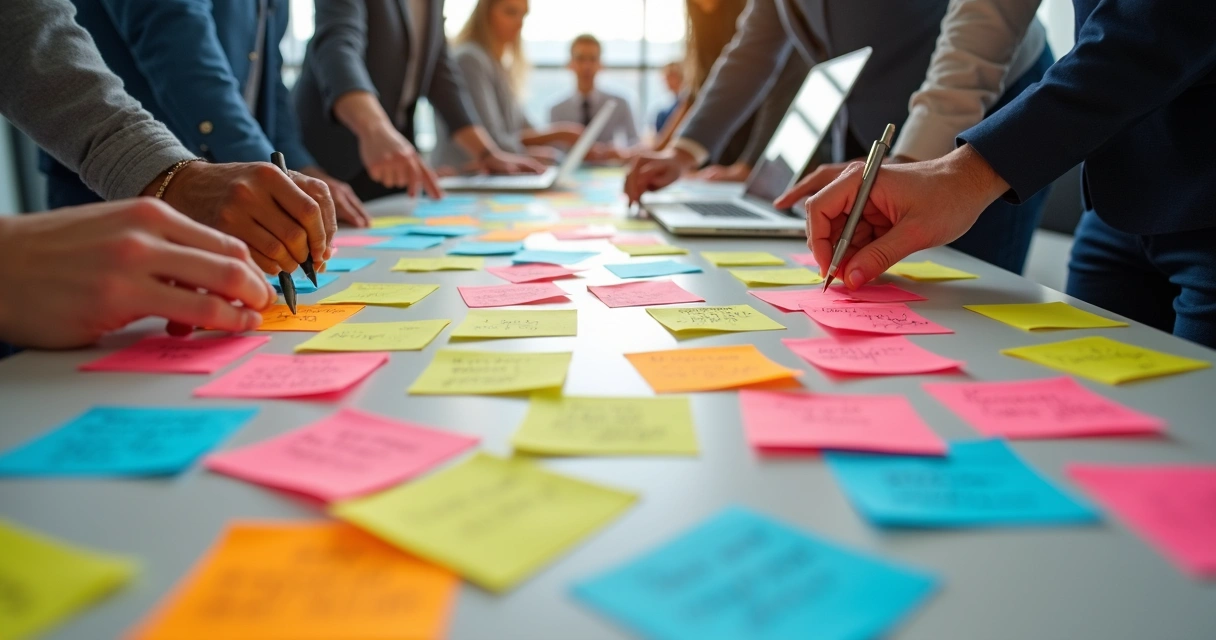 Mesa de escritório com post-its coloridos organizados em formato de perguntas e respostas 