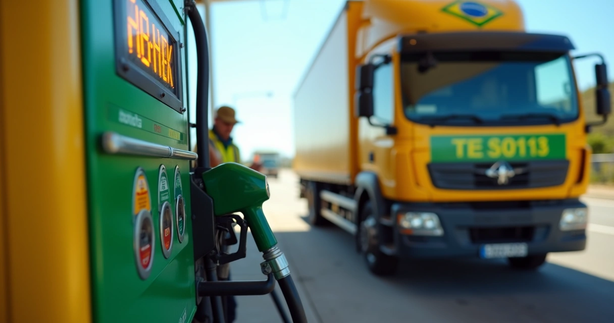 Caminhão em posto de abastecimento, destacando bomba de diesel 