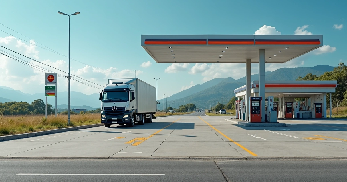 Posto de combustível à margem da rodovia com caminhão estacionado 